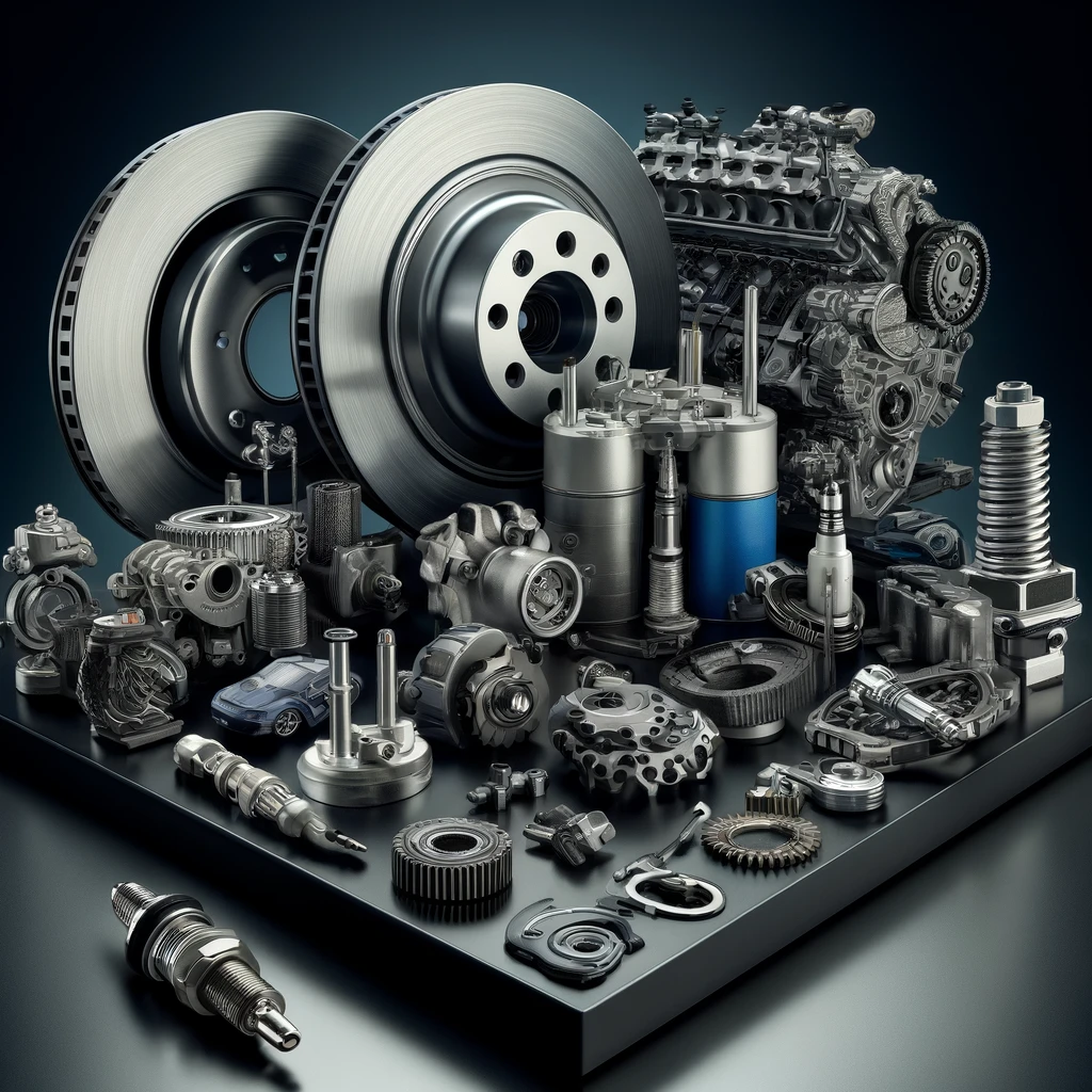 DALL·E 2024-04-05 11.27.33 - A comprehensive and detailed display featuring a selection of key car parts, including a brake disc and caliper, an engine block, a gear, a spark plug